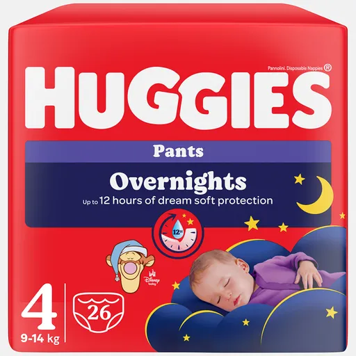 HUGGIES Detské plienky Overnights Pants 4 veľkosť 9-14 kg 26 kusov