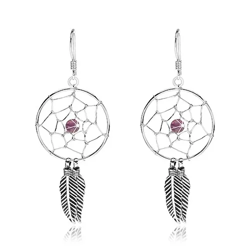Visiace náušnice, striebro 925, fialová guľôčka, lapač snov s pierkami, 20 mm