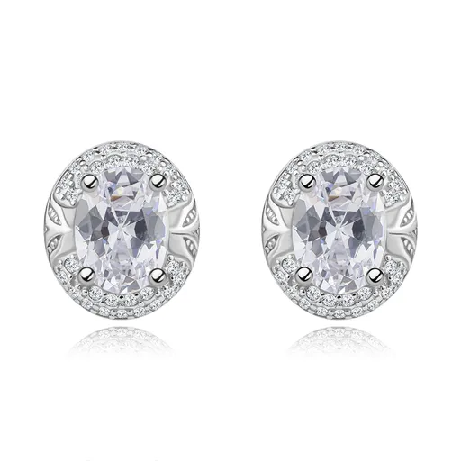 Náušnice zo striebra 925, číry oválny zirkón v ozdobnom leme s lístkami