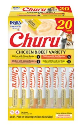 Maškrta pre mačky Inaba Churu cat Kura s hovädzím mäsom 4 príchute 20túb 280g