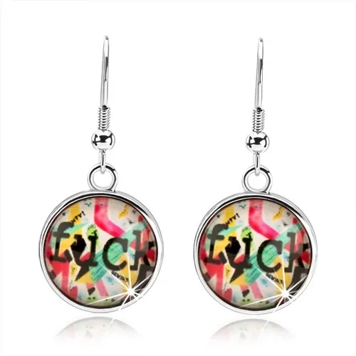 Náušnice kabošon, vypuklá glazúra, rôznofarebné pásiky a útvary, nápis