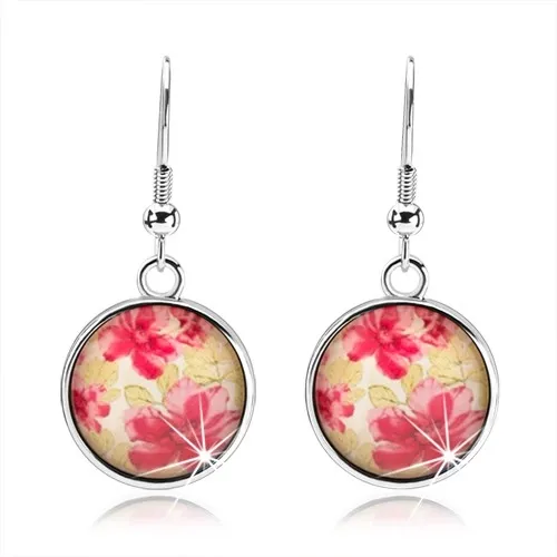 Okrúhle náušnice v štýle kabošon, vypuklé sklo, červené kvety, zelené listy