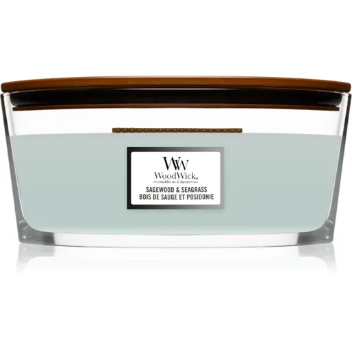 Woodwick Sagewood & Seagrass vonná sviečka s dreveným knotom (hearthwick) 453,6 g