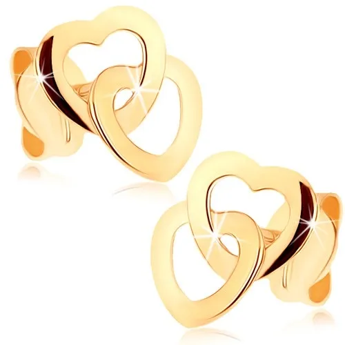 Zlaté náušnice 9K prepletené srdcia v šikmej línii