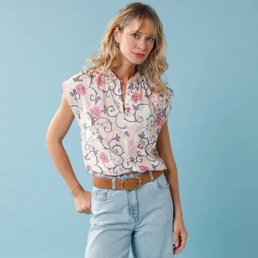 Košeľová blúzka bez rukávov a s kašmírovou  potlačou, pre nižšiu postavu