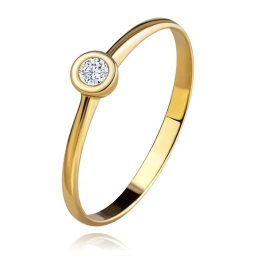 Prsteň zo žltého 14K zlata - ligotavý číry briliant v lesklej objímke, zúžené ramená - Veľkosť: 49 mm