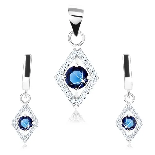 Strieborná 925 sada prívesku a náušníc, obrys kosoštvorca, modrý zirkón