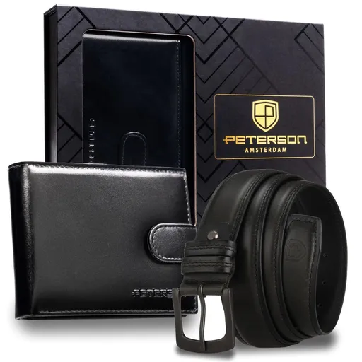 Pánsky darčekový set – čierna kožená peňaženka so zapínaním a kožený opasok Peterson