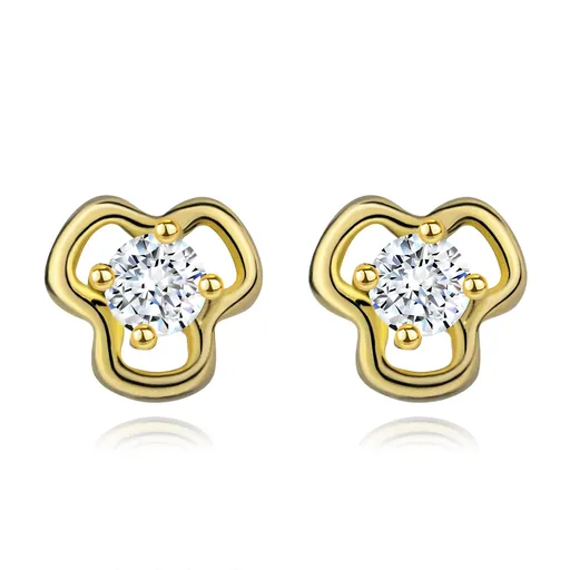 Diamantové náušnice zo žltého 14K zlata - okrúhly číry briliant v kontúre trojlístka