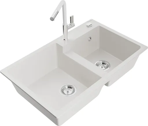 MEXEN/S MEXEN/S - Tomas granitový drez 2-bowl vrátane batérie Flora, biela 6516-20-670401-02