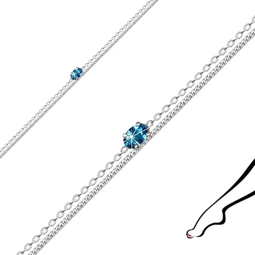 Náramok na členok z 925 striebra - zdvojená retiazka, zirkónové zrniečko modrej farby