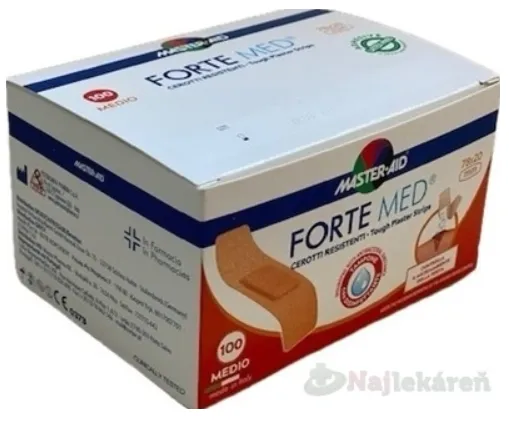 MASTER AID FORTE MED Náplasti pevné vodeodolné s antiseptickým vankúšikom 78x20 mm 100ks