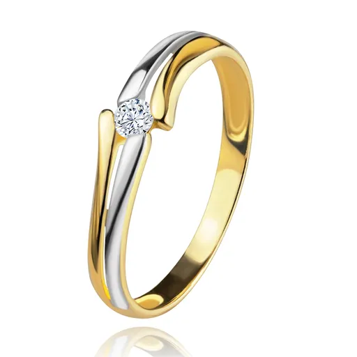 Diamantový zlatý prsteň 585, žiarivý číry briliant, rozdelené dvojfarebné ramená - Veľkosť: 52 mm