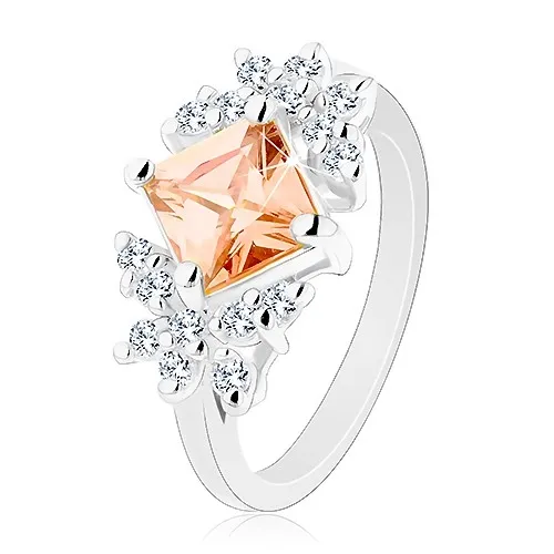 Lesklý prsteň so zirkónmi v čírom a oranžovom odtieni, zúžené ramená - Veľkosť: 49 mm