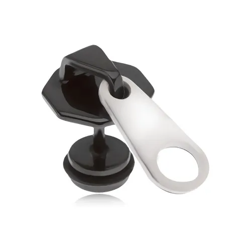 Čierny fake plug do ucha z ocele, zips s bielym jazýčkom, PVD úprava