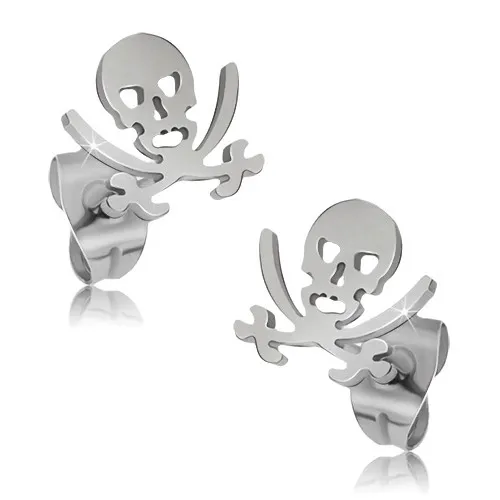 Lesklé oceľové náušnice, lebka a skrížené šable