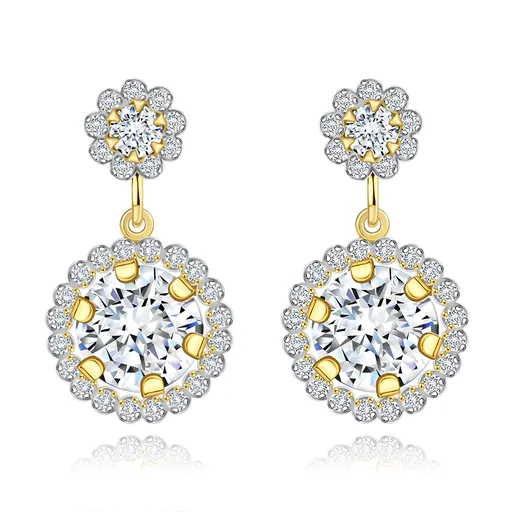 Náušnice z kombinovaného zlata 585 - číry kvietok a visiaci veľký zirkón s drobnými zirkónikmi