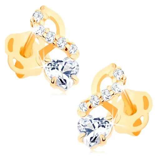 Náušnice zo žltého 14K zlata - hladká a zirkónová vlnka, číre srdiečko