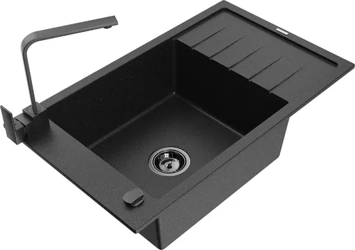 MEXEN/S MEXEN/S - Elias granitový drez 1-miska s odkvapkávačom vrátane batérie Rita, čierny/strieborný metalik 6511-73-670300-70-B