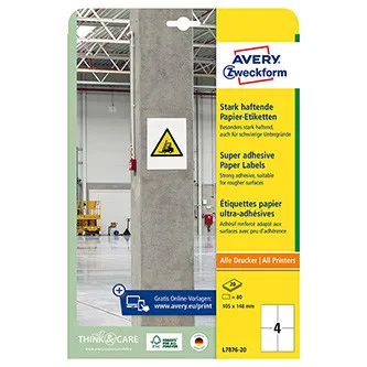 Avery Zweckform etikety 105mm x 148mm, A4, biele, 4 etikety, s vysokou lepivosťou, balené po 20 ks, L7876-20, pre laserové a atram
