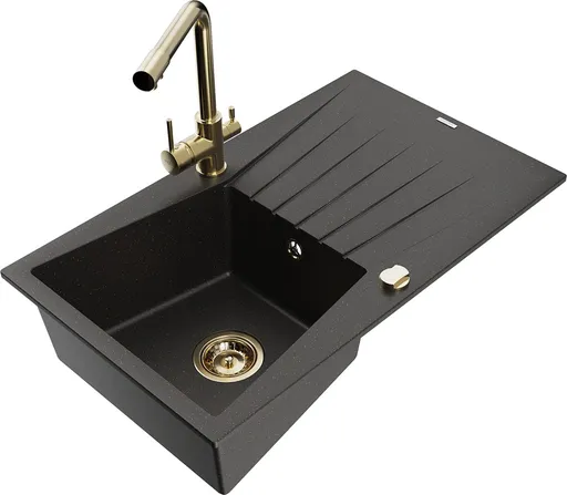 MEXEN/S MEXEN/S - Cesar granitový drez s odkvapkávačom vrátane batérie Duero, čierna/zlatá metalik 6514-75-671600-50