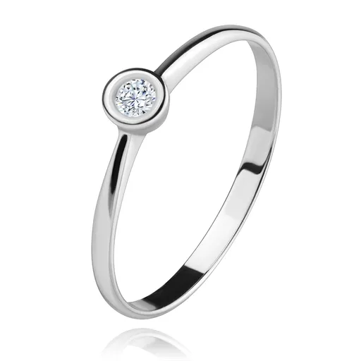 Prsteň v bielom 14K zlate - číry zirkón v lesklej objímke, zúžené ramená - Veľkosť: 55 mm