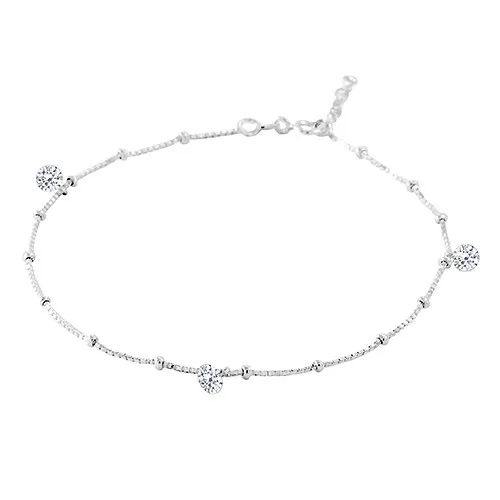 Retiazka na nohu, striebro 925, tri číre zirkóny na hranatej retiazke s guličkami