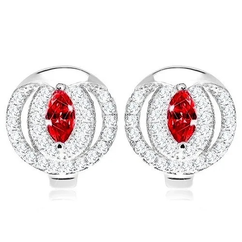 Náušnice, striebro 925, zirkónové zrnko červenej farby, trblietavý lem, strieborný výrez