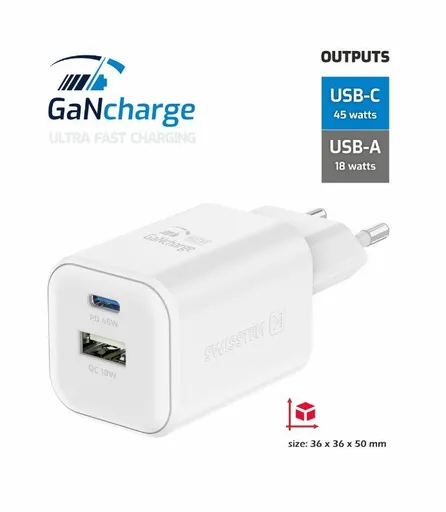 SWISSTEN SIEŤOVÝ ADAPTÉR GaN 1x USB-C 45W PD + 1x USB-A 18W QC BIELÝ