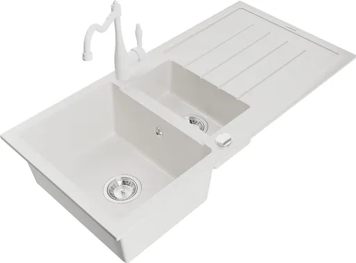 MEXEN/S MEXEN/S - Andres granitový drez s odkvapkávačom vrátane batérie Carla, biela 6515-20-670700-20