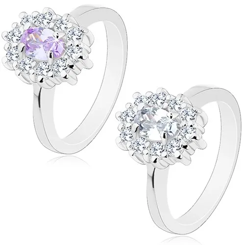 Prsteň striebornej farby, oválny zirkón lemovaný okrúhlymi čírymi zirkónikmi - Veľkosť: 49 mm, Farba: Svetlofialová