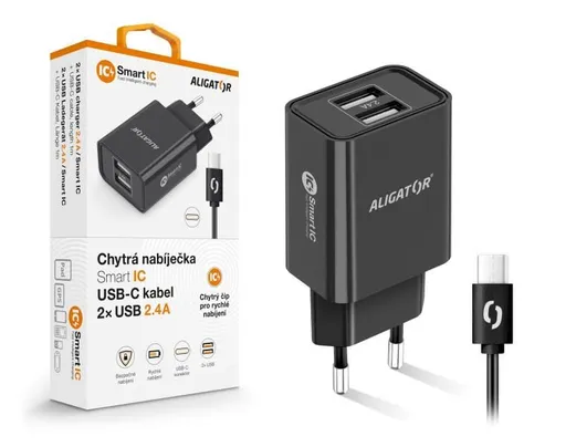 Aligator sieťová nabíjačka, 2x USB, smart IC, 2, 4 A, kábel USB-C 2A, čierna