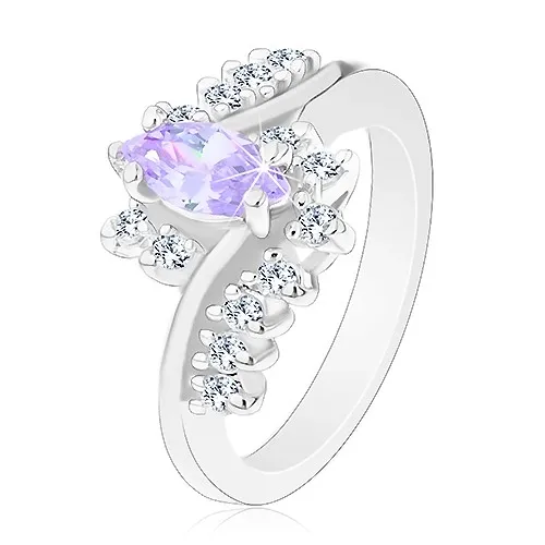 Prsteň so striebornou farbou, svetlofialové brúsené zrno, zirkónové číre línie - Veľkosť: 52 mm