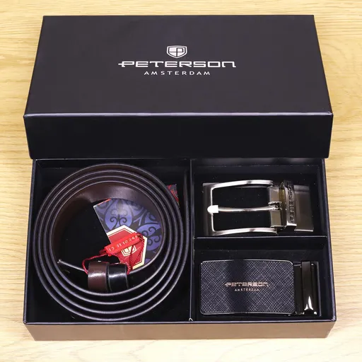 Darčeková sada pre muža: obojstranný kožený opasok a moderná pracka Peterson