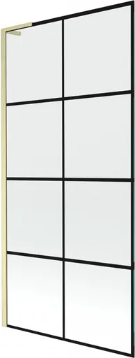 MEXEN/S - Next L vaňová zástena FIX 90 x 150, čierna vzor, zlatá kartáčovaná 895-090-000-03-77-55