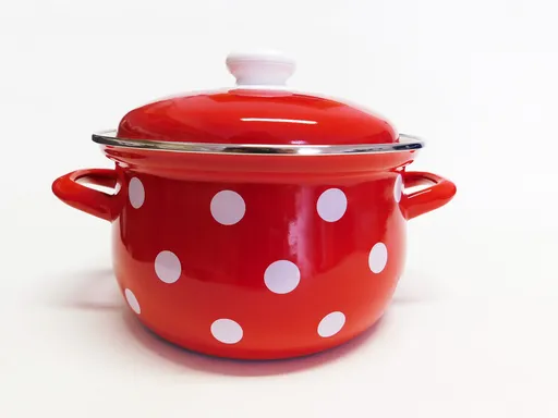 BELIS - Hrniec a pokrievka smalt 16cm 2,1L, červený biele bodky