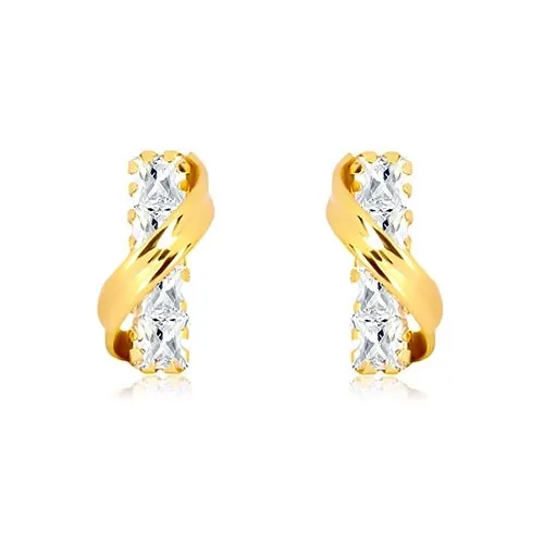 Náušnice v žltom 14K zlate - šikmý oblúk a rovný zirkónový pásik čírej farby