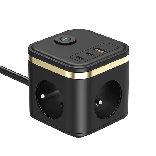 Sieťový adaptér VIKING YC33, čierna/Output: 3xAC, 1xUSB-A, 2xUSB-C/Tlačidlo ON/OFF/1,4m kábel
