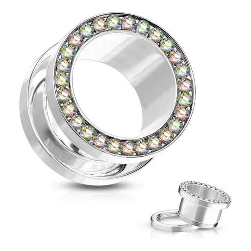 Tunel do ucha z chirurgickej ocele - okrúhla línia zirkónov, dúhové odlesky, lesklý povrch - Hrúbka: 10 mm