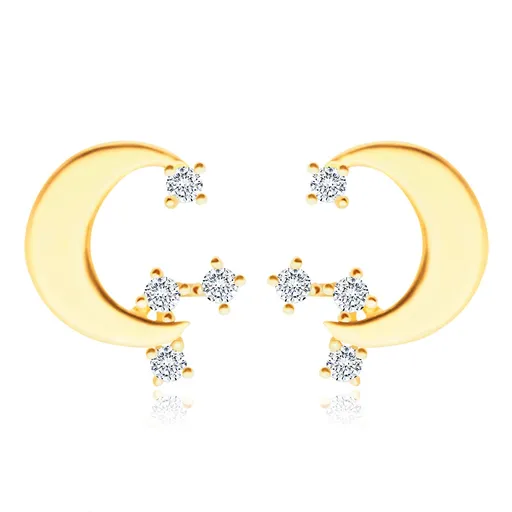 Puzetové náušnice v žltom 585 zlate - plochý mesiačik, okrúhle zirkóny čírej farby