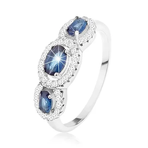 Prsteň zo striebra 925, tri tmavomodré oválne zirkóny v čírych kontúrach - Veľkosť: 47 mm