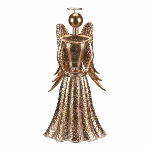 Vianočná kovová dekorácia Anjel 49 cm, kalíšok na čaj. sviečku, zlatá