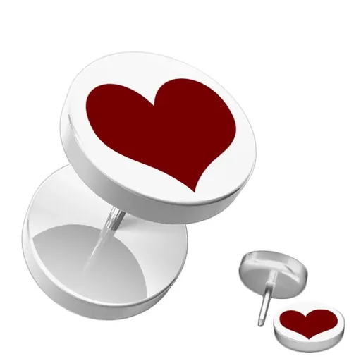 Fake akrylový piercing do ucha - okrúhly, biely s červeným srdcom