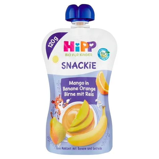 HiPP BIO KINDER Banán Pomaranč Hruška Mango Ryža kapsička (od 1. roku) ovocno-obilný príkrm 120g