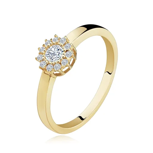 Prsteň zo žltého 14K zlata - trblietavý kvet z okrúhlych čírych zirkónov - Veľkosť: 49 mm