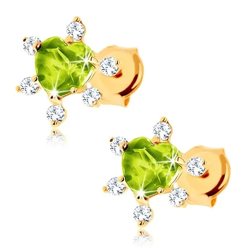Zlaté náušnice 9K so zeleným srdcom z olivínu a čírymi zirkónmi