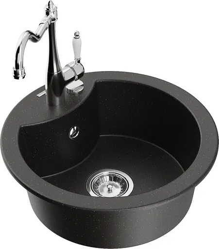 MEXEN/S MEXEN/S - Diego granitový drez 1-miska vrátane batérie Carla, čierna/zlatá metalik 6512-75-670700-00