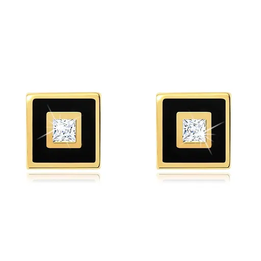 Zlaté náušnice 14K v tvare štvorca s čiernou glazúrou a zirkónom