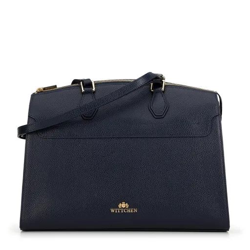 Dámska trapezová kožená kabelka tmavomodrá so zlatým logom
