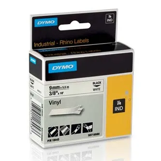 Dymo originál páska do tlačiarne štítkov, Dymo, 18443, S0718580, černý tlač/biely podklad, 5.5m, 9mm, RHINO vinylová profi D1